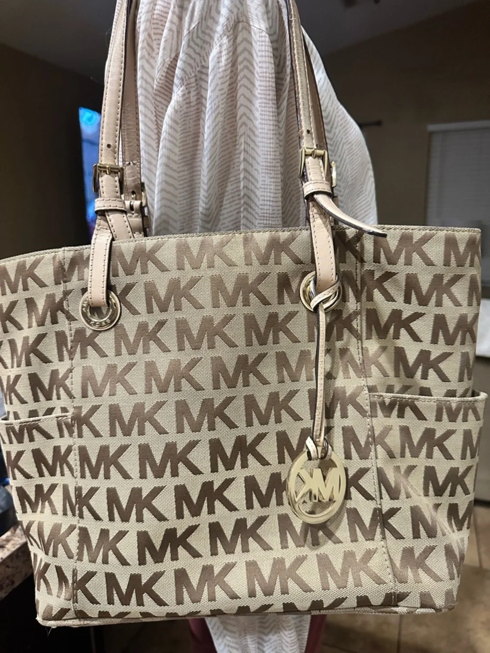 Michael Kors Tan and Beige MK Logo Tote with Gold Charm - Picture 1 of 6
